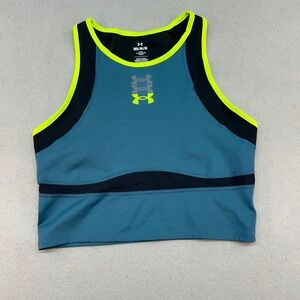 Under Armour Womens Fitted Crop Tank Top Teal Neon Yellow Mesh Racerback MD